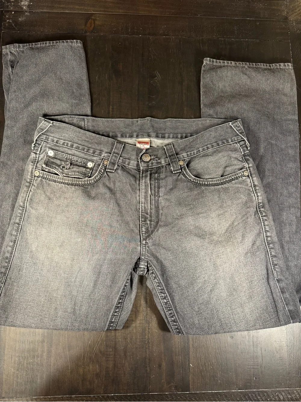 True Religion Ricky Straight Flap Jeans Size 36 Gray Black Wash 100% Cotton